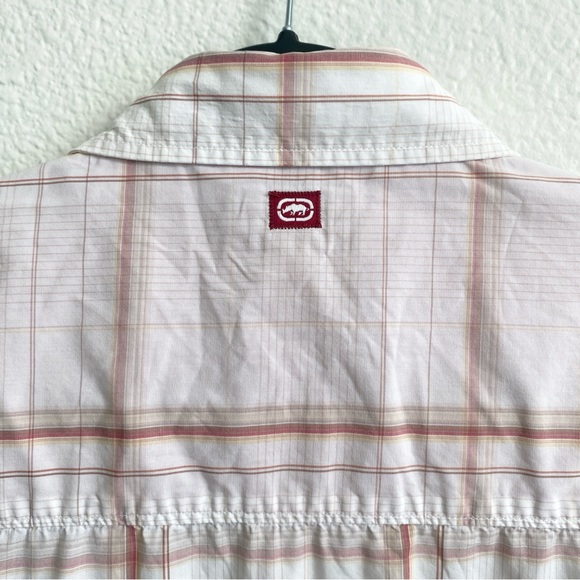 Ecko Unltd Men's White & Red Plaid Short Sleeve Button Up Pocket Shirt - Picture 9 of 11